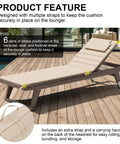 Chaise Lounge Cushion Outdoor Set Of 2 Foldable Waterproof Lounger Cushions With Straps Built In Headrest Pillow Breathable Fabric For Cool Comfort 71 Inches Long By 21 Inches Wide Beige on wooden patio deck next to pool.