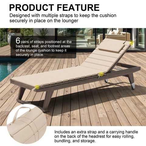 Chaise Lounge Cushion Outdoor Set Of 2 Foldable Waterproof Lounger Cushions With Straps Built In Headrest Pillow Breathable Fabric For Cool Comfort 71 Inches Long By 21 Inches Wide Beige on wooden patio deck next to pool.