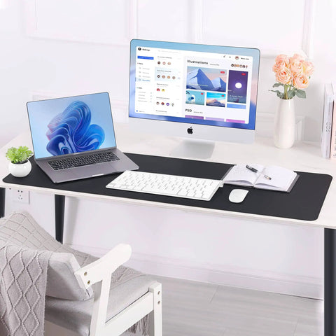 Large Desk Pad 47.2 Inch By 17 Inch Leather Desk Pad Protector with Natural Cork and PU Leather in black on office desk.