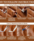 Leather Repair Kit For Furniture And Cars With Easy Color Match, Fix Scratches And Cracks On Couches, step-by-step instructions shown.