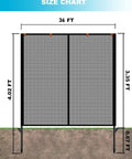 Heavy Duty Driveway Safety Net Fence Gate Mesh Portable Barrier with size chart showing dimensions for backyard and yard use.