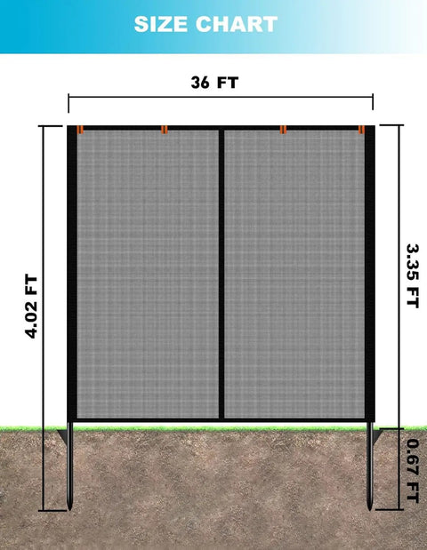 Heavy Duty Driveway Safety Net Fence Gate Mesh Portable Barrier with size chart showing dimensions for backyard and yard use.
