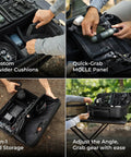 Nestout Go-To Gear Storage Case Lightweight Hard Shell Organizer showcasing divider cushions and MOLLE panel usage.