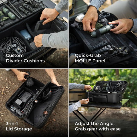 Nestout Go-To Gear Storage Case Lightweight Hard Shell Organizer showcasing divider cushions and MOLLE panel usage.