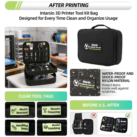 Must Have 76 Piece 3D Printer Tools Kit With Bag Includes Digital Caliper Hygrometer PTFE Tube Deburring Tool Scrapers Nozzle Cleaning And More For Bambu Lab Ender 3 And Other FDM SLA Printers displayed with organized compartments in a waterproof case.