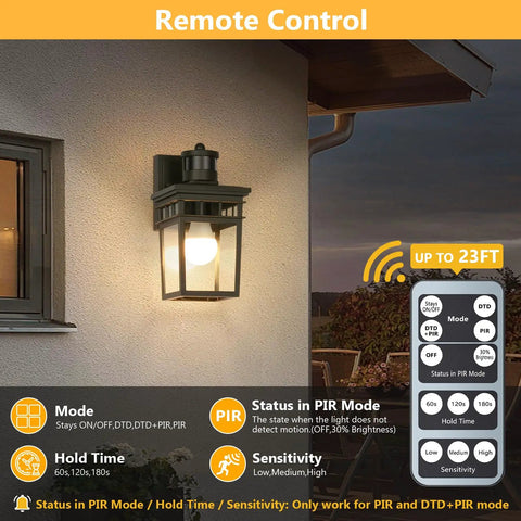 Motion Sensor Outdoor Wall Lantern With Remote, Dusk To Dawn Sensor, Four Modes, Glass Shade, installed next to a window