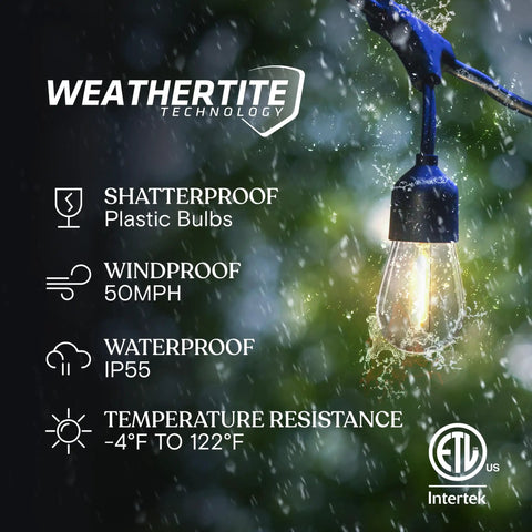 Ambience Pro Solar Powered Outdoor String Lights 48 Ft With 15 Shatterproof LED Bulbs Warm White 1W in rain to show weatherproof feature