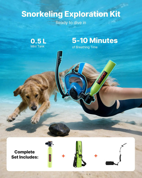Woman snorkeling with Mini 0.5L Scuba Tank Portable Underwater Breathing Cylinder for short dives, dog nearby.