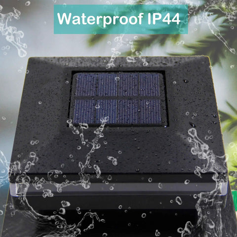 Solar Post Lights 15 Lumen Outdoor Cap Lights For Fence Deck Or Patio Warm White LED Solar Powered Caps Fits 4x4 Or 6x6 Wood Posts Black 2 Pack Weatherproof Durable Outdoor Lighting For Yard And Garden, shown with waterproof features and IP44 rating.