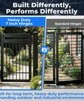 Comparison of Beefy 7 Inch Weld On Barrel Hinges with standard hinges on black gates with garden view.