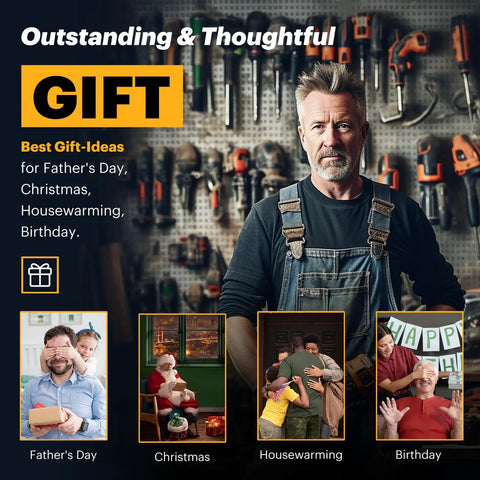 Power Tool Organizer For Gear Storage And Wall Mounted Drill Holder with gift ideas for Father's Day, Christmas, and birthday.