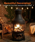 Chiminea Outdoor Fireplace Wood Burning Fire Pit For Backyard And Camping In Brown Black Finish in patio setting