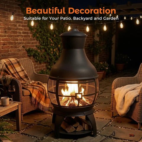 Chiminea Outdoor Fireplace Wood Burning Fire Pit For Backyard And Camping In Brown Black Finish in patio setting