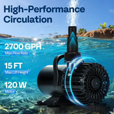Heavy Duty 120W Submersible Water Pump Delivers 2700 GPH For Koi Ponds Pools Fountains Aquariums And Fish Tanks With A 15 Feet Lift Height