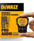 Wearable Clip On Bluetooth Speaker For Job Sites, Water Resistant Portable Speaker With Built In Mic, held by hand.