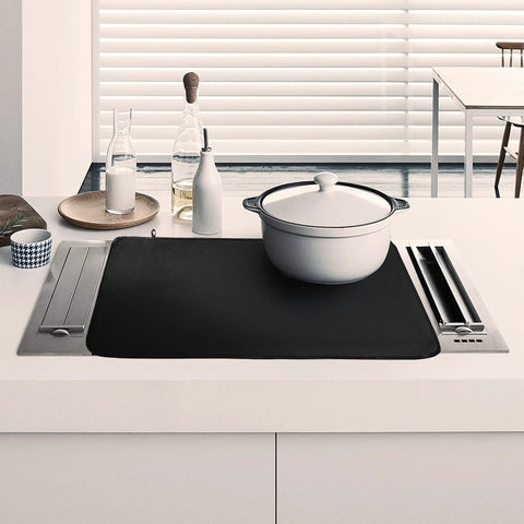Heat Resistant Glass Stovetop Cover For Electric Stoves 21 By 29 Point 5 Inches Fireproof Waterproof Shield on kitchen counter with pot