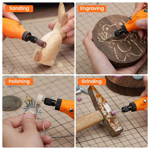 Compact Cordless Rotary Tool Kit With 109 Sweet Accessories For Sanding Polishing And Engraving, shown in use for sanding, engraving, polishing, and grinding.
