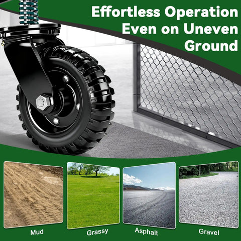 6 Inch Heavy Duty Gate Wheel With 360 Degree Swivel Roller close-up showing sturdy tire for smooth operation over mud, gravel, and uneven ground.
