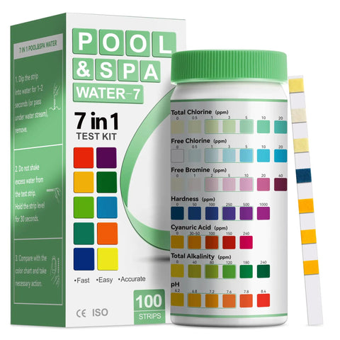 7 In 1 Pool Test Kit With 100 Strips For Home Pool Care Accurate pH Total And Free Chlorine Bromine Hardness Alkalinity And Cyanuric Acid Testing For Pools Hot Tubs And Spas Easy To Read And User Friendly packaging and bottle with test strips