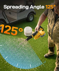 Person using Cordless Handheld Spreader For Lawns Compatible With Dewalt 20V Max Batteries Fertilizer Grass Seed And Ice Melt Adjustable Openings No Battery Included Tool Only Ideal For Lawn Care And Winter Melt Spreading with 125-degree angle illustration on grass.