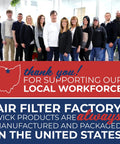 Group of employees at Air Filter Factory with text thanking support for local workforce and USA-made wick products