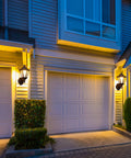 Motion Activated Outdoor Porch Light With Waterproof Exterior Sconce Featuring Motion Sensor No Fuss Easy Install Black Anti Rust Plastic LED Lamp For Front Door Garage Patio And House Exterior illuminating a white garage