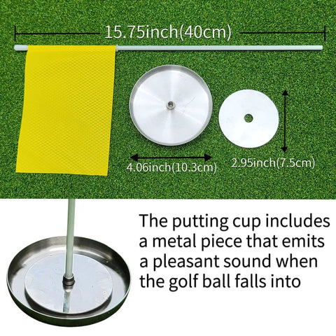 Metal Putting Cup With Flag For Golf Training Hole, Durable Steel Cup Kit showing components and sizes on grass