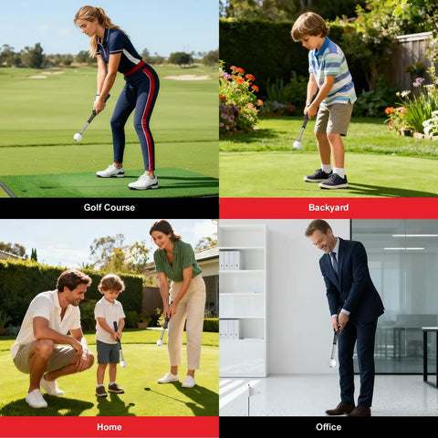 People using Tempo Stick Golf For Right Hand Retractable Swing Trainer With Arm Band in various settings like golf course, backyard, home, office.