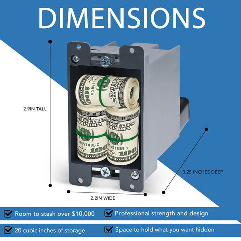 Hidden Wall Outlet Safe Disguised Electrical Receptacle With Magnetic Mounts Showing Dimensions for Valuables Up To 20 Cubic Inches