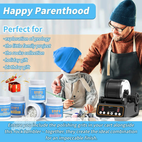 Rock Tumbler Kit With Quiet 2.5Lb Rubber Barrel Rotary Polisher Three Speeds Nine Day Timer shown with accessories and family