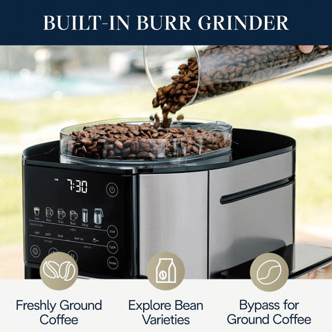 TrueBrew Drip Coffee Maker With Built-In Grinder And Bean Extract Technology, stainless steel, showing coffee beans in grinder.