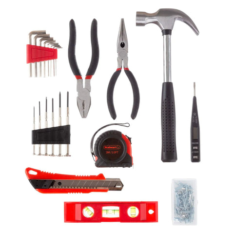 102 Piece Heat Treated Tool Kit With Carrying Case Including Essential Steel Hand Tools And Basic Repair Set For Apartments Dorms And Homeowners On The Go, including hammer, pliers, screwdrivers, tape measure, and utility knife.