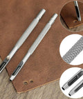 Close-up of All In One Craft Tool Die Punch Snap Kit Rivet Setter with extra long handles on leather surface.