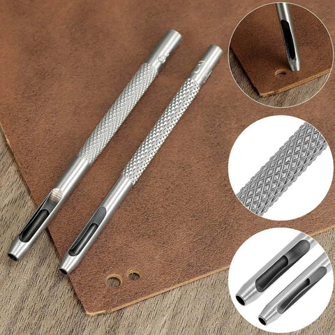 Close-up of All In One Craft Tool Die Punch Snap Kit Rivet Setter with extra long handles on leather surface.