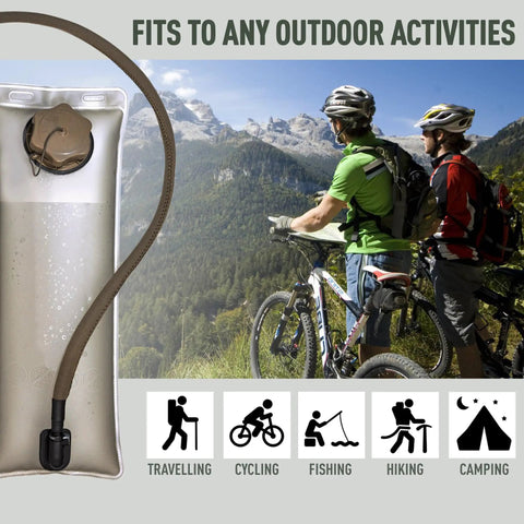 Hydration Backpack 3L Water Bladder with Food Grade TPU next to cyclists with mountain view, ideal for hiking and outdoor activities