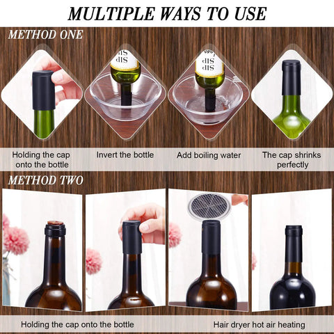 Image showing methods to use Top Shelf Black PVC Heat Shrink Bottle Caps With Ridiculously Slick Finish For Wine And Hot Sauce Packaging 200 Piece Box Fits 5 Ounce Wide Woozy Bottles.