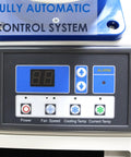 Built Tough Portable Air Conditioner With Bulky 14L Tank And Easy Roll Caster Wheels For Heavy Duty Spot Cooling In Warehouses Workshops And Clinics 110V 1800W Mobile Cooler Rig control panel with digital display and buttons.