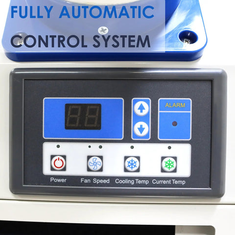Built Tough Portable Air Conditioner With Bulky 14L Tank And Easy Roll Caster Wheels For Heavy Duty Spot Cooling In Warehouses Workshops And Clinics 110V 1800W Mobile Cooler Rig control panel with digital display and buttons.