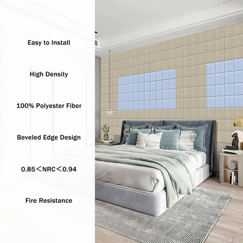 Premium Square Acoustic Panels Self Adhesive 12 Pack Sound Absorbing Wall Tiles High Density Polyester Fiber in a modern bedroom.
