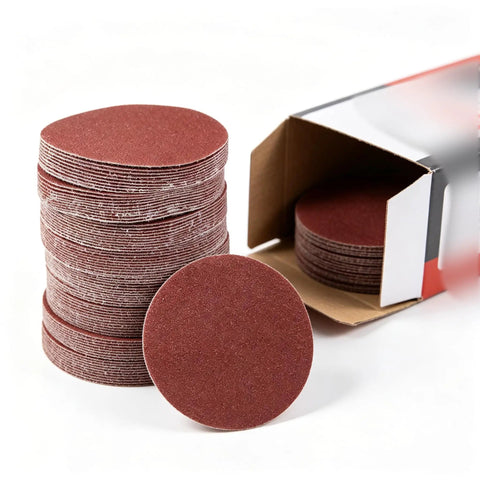 100 Pack 3 Inch 80 Grit Sanding Discs With Hook Loop Backing For Drills And Grinders, showing stack and open box.
