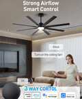 72 Inch Ceiling Fan With Light And DC Motor, Industrial Style Ceiling Fan With 8 Black Aluminum Blades installed in a living room