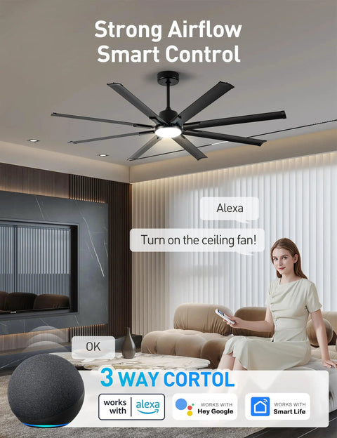 72 Inch Ceiling Fan With Light And DC Motor, Industrial Style Ceiling Fan With 8 Black Aluminum Blades installed in a living room