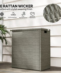 Weatherproof 17.3 Gallon Wicker Storage Box With Slatted Acacia Wood Flip Top For Indoor And Outdoor Use Cushions Pool Gear Garden Tools UV Resistant Gray