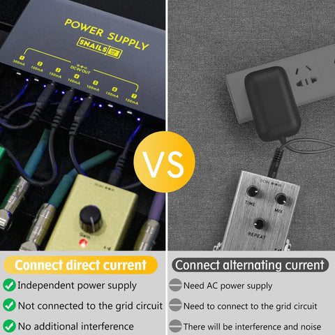 Portable Guitar Pedal Power Supply with Seven Isolated DC Outputs and Built-in Battery vs AC Power with Effects Pedal Comparison
