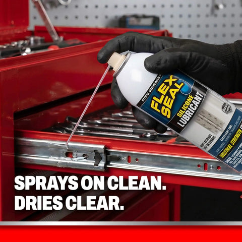 Heavy Duty Flex Seal Silicone Spray Is The Ultimate Gunk Buster For Your Home And Auto, Offering Industrial Strength Lubrication on metal tracks.