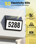 Solar Powered LED House Numbers For Outdoor Use With Weatherproof Black Address Sign Plaque displaying '5288' mounted on a wall.