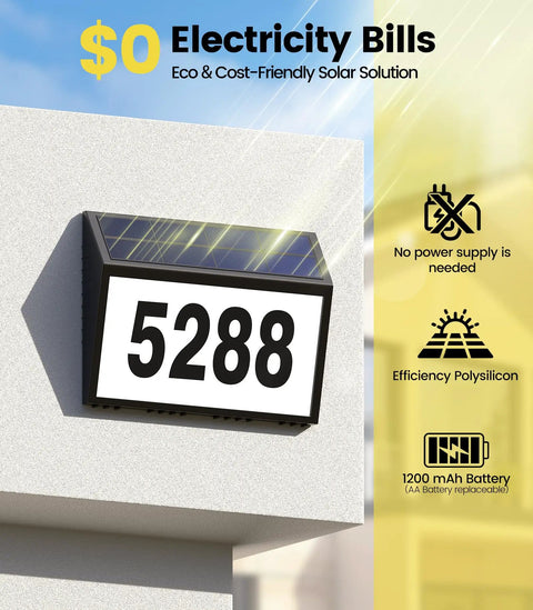 Solar Powered LED House Numbers For Outdoor Use With Weatherproof Black Address Sign Plaque displaying '5288' mounted on a wall.