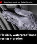 Gloved hand applying Black Weatherstrip And Gasket Adhesive 5 Fl Oz 1 Per Pack to car door weatherstripping.