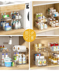 Slick Clear Under Sink Organizers And Storage Bins 2 Pack With High Low Design For Bathroom Cabinet Decluttering Pantry Organization Legit Space Savers That Slide Easy displayed in various cabinets.