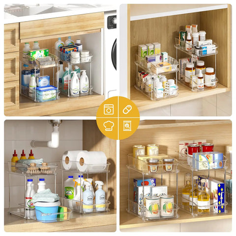 Slick Clear Under Sink Organizers And Storage Bins 2 Pack With High Low Design For Bathroom Cabinet Decluttering Pantry Organization Legit Space Savers That Slide Easy displayed in various cabinets.